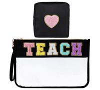 Hmxpls 2Pcs Chenille Letter Bags, Clear Makeup Bag Cosmetic Pouch with Zipper, Multi-purpose Nylon Travel Toiletry Storage Bag for Women Girls, Black-Teach