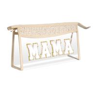 Hmxpls Boho Patch Cosmetic Bag with Zipper, Chenille Varsity Letter Makeup Bag, Clear Travel Pouch, Multi-purpose Small Toiletry Bag for Women Girls, Beige, Mama