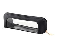 Hmxpls Clear Makeup Brush Bag with Zipper, Leather Slim Clear Makeup Case, Portable Transparent Waterproof Cosmetic Pouch for Women Travel Office Storage Organizer, Black, Classic