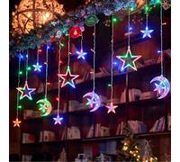 HMYCL Curtain Lights Ramadan Window Lights Decorations Indoor, 138 LED Star Moon Fairy Lights, 3.5m Fairy String Lights for Festival Bedroom Garden Party Decorations, USB+Battery Operated-Colored