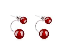 Hmzidz Simple Plain Black/Red Onyx Round Bead Ball Stud Earrings For Women,925 Sterling Silver Drop Earrings,Dangle Earrings with Double Gemstone,Fashion Jewellery For Ladies Girls (Red)