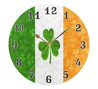 HMZXZ 9.5 Inch Wall Clock Irish Flag Shamrock Clovers Leaves Silent Non Ticking Round Clock for Home Living Room Kitchen Office School Decor