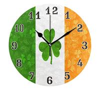 HMZXZ 9.5 Inch Wall Clock Irish Flag Shamrock Clovers Leaves Silent Non Ticking Round Clock for Home Living Room Kitchen Office School Decor
