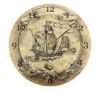 HMZXZ 9.5 Inch Wall Clock Octopus Sailing Ship Silent Non Ticking Round Clock for Home Living Room Kitchen Office School Decor