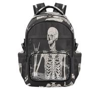 HMZXZ Funny Human Skull Black Kids School Backpack with PVC Clear Front Pocket Water Bottle Holder and Laptop Compartment Teens Bookbag Travel Daypack Day Of The Dead