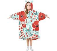 HMZXZ Red Flowers Poppy Leaves Kids Wearable Blanket Hoodie Oversized Sweatshirt Blanket Pullover Spring Summer for 3-14 Year Boys Girls