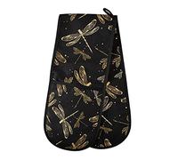 HMZXZ RXYY Double Oven Glove Black Animal Dragonfly Heat Resistant Quilted Cotton Kitchen Ove Mitts Long Oven Gloves for Cooking Baking Grilling Handling Hot Pots Pans