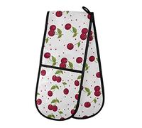 HMZXZ RXYY Double Oven Glove Cute Cherry Pattern Heat Resistant Quilted Cotton Kitchen Ove Mitts Long Oven Gloves for Cooking Baking Grilling Handling Hot Pots Pans