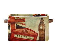 HMZXZ Rxyy London Big Ben Union Jack Canvas Fabric Storage Basket Collapsible Toys Storage Bin with PU Leather Handles Basket Box Organizer for Wardrobe Closet Shelves Organiser
