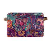 HMZXZ Rxyy Paisley Ethnic Flowers Canvas Fabric Storage Basket Collapsible Toys Storage Bin with PU Leather Handles Basket Box Organizer for Wardrobe Closet Shelves Organiser