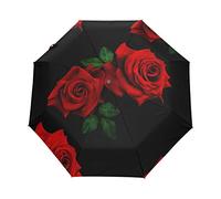 HMZXZ RXYY Red Roses Black Floral Folds Auto Open Close Umbrella for Women Men Boys Girls Windproof Compact Travel Lightweight Rain Umbrella