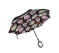 HMZXZ RXYY Windproof Double Layer Folding Inverted Umbrella Day Of The Dead Sugar Skull Floral Waterproof Reverse Umbrella for Rain Protection Car Travel Outdoor Men Women