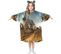 HMZXZ Vintage Engine Locomotive Train Kids Wearable Blanket Hoodie Oversized Sweatshirt Blanket Pullover Cars for 3-14 Year Boys Girls Multi