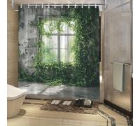 HNBFKD Large Green Ivy Window Botanical Shower Curtain with Hooks - Bathroom Window-Effect Design, Leaf Pattern 70x140cm/(WxH)