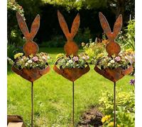 HNGKGJBL 1/2/3 Easter Vintage Metal Rabbit Shaped Planter Garden Stake, 2026 Rustic Patina Bunny Yard Decor, Spring Flower & Succulent Display for Outdoor Garden Yard(3PCS)