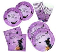 HNH Halloween Cat Paper Plates Napkins Paper Cups Set 100 Pieces Purple Party Tableware Disposable