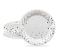 HNH Party Paper Plates Set 24 Pieces White with Silver Foil Polka Dots 23cm Dinner Plates Set for Party Table Decorations
