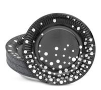 HNH Party Paper Plates Set 50 Pieces Black with Silver Foil Dots 18cm Dessert Plates Set for Party Table Decorations