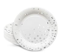 HNH Party Paper Plates Set 50 Pieces White with Silver Foil Dots 18cm Dessert Plates Set for Party Table Decorations