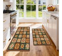 HNHDDZ Kitchen Floor Mats Set 2 Piece, Black Multicolour Mosaic | Padded Microfibre Feel with Dotted Anti-Slip Backing for Daily Standing Comfort