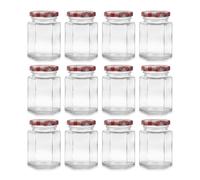 Hniuyun 100ml Small Glass Jam Jars with Lids, 12 Pack | Hexagonal Clear Jars, Red Gingham Lids, Labels & Pen, BPA-Free, Dishwasher Safe, For Honey, Spices, DIY Crafts, Gifts