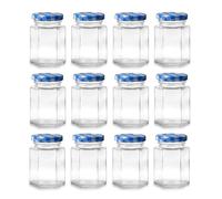 Hniuyun 12 Pack Hexagonal Glass Jam Jars, 100ml 3.3 fl.oz Glass Jar with Lid for Sealing, Clear Canning Jars for Food Storage, Spices, Honey, DIY Projects (Blue)