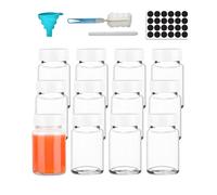 Hniuyun 2 oz Glass Shot Bottles With Lids & 24 Labels - Wide Mouth 60 ml Clear Mini Jars for Ginger, Juice, Potion, Liquids (12 Pack)