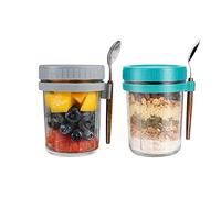 Hniuyun 2 Pack Overnight Oats Jars with Lids and Spoon, 10 oz Airtight Breakfast Jars with Measurement Marks, Mason Jars with Lid for Salads Cereal Milk Porridge Fruit (Gray + Green)