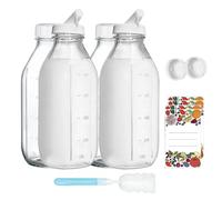 Hniuyun 4 Pack 32oz Glass Milk Bottles - Reusable with Airtight Lids & Pour Spouts, Measurement Marks & Cleaning Brush for Milk, Juice, Iced Coffee, Water Storage