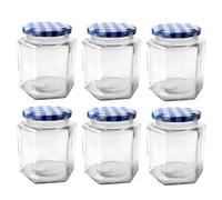 Hniuyun 6 Pack Hexagonal Glass Jars, 350ml with Lids - Airtight for Food Storage, Spices, Jam, and DIY Crafts (Blue)