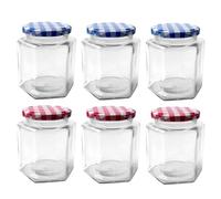 Hniuyun 6 Pack Hexagonal Glass Jars, 350ml with Lids - Airtight for Food Storage, Spices, Jam, and DIY Crafts (Red & Blue)
