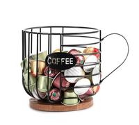 Hniuyun Coffee Pod Organizer, Counter Coffee Capsule Holder, Coffee Bar Accessories, Large Capacity Black Wire Kup Storage Basket with Wooden Base for Kitchen and Office