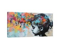 HNKDKJ Banksy Wall Art Canvas Paintings Graffiti Art Graffiti Music Notes Flowing into Girls Head Contemporary Large Artwork 80x155cm/31x61inch -Inner-Frame