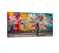 HNKDKJ Girl on Colorful Wall Banksy Wall Art Canvas Graffiti Large Banksy Wall Decor Contemporary Oversized Banksy Poster Framed 70x140cm/28x55inch -Inner-Frame