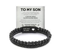 HNLUGF The Guardian - Son's Tiger Eye Protection Bracelet for Men, To My Son Bracelet from Mom Leather Black Beaded Bracelet, Handmade Cuff Inspirational Jewelry for Gift for Christmas Birthday, 8.5