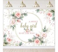 Hnmdmyi 10x6.5FT Baby Shower Backdrop a Sweet Baby Girl is on The Way Pink Floral Green and Gold Leaves Photography Background Newborn Baby Shower Party Decorations Banner Photo Booth Props