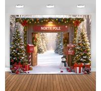 Hnmdmyi 10x8FT Christmas Backdrop Rustic Snowy Forest Barn Door Xmas Tree North Pole Winter Scene Photography Background Family Kids Holiday New Year Party Decorations Banner Photo Booth Props