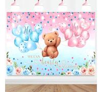Hnmdmyi 10x8FT Gender Reveal Backdrop He or She We Can Bearly Wait to See Blue Pink Balloon Floral Star Photography Background Gender Reveal Baby Shower Party Decorations Banner Photo Booth Props