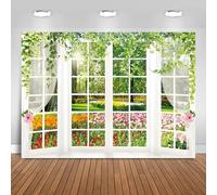 Hnmdmyi 10x8FT Spring Backdrop White Windowsill Floral Scenery Forest Green Grass Natural Photography Background Wedding Bridal Baby Shower Birthday Party Decorations Banner Photo Booth Props