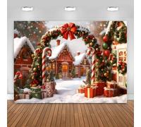 Hnmdmyi 12x10FT Christmas Backdrop Winter Snowy Town Candy Cane Gingerbread House Gift Boxes Photography Background Family Kids Christmas Holiday New Year Party Decorations Banner Photo Booth Props