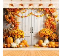 Hnmdmyi 12x10FT Fall Backdrop Autumn Pumpkin Maple Leaves Floral Rustic Barn Door Photography Background Birthday Baby Shower Thanksgiving Day Harvest Party Decorations Banner Photo Booth Props