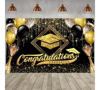 Hnmdmyi 12x10FT Graduation Backdrop 2024 Congrats Grad Glitter Spots Bachelor Cap Black and Gold Balloons Photography Background Celebration Graduation Prom Party Decorations Banner Photo Booth Props