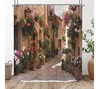 Hnmdmyi 3D Shower Curtain 90x180, Garden Floral Scenery Street Alley Picture Shower Curtains Italy Outdoor Flowers View Bathroom Curtains Waterproof Polyester Fabric Washable Bath Curtains with Hooks