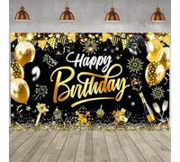 Hnmdmyi 5x3FT Happy Birthday Backdrop Black Gold Balloons Flags Fireworks Photography Background Kids Men Women Birthday Party Decorations Banner Photo Booth Props