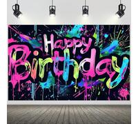 Hnmdmyi 5x3FT Happy Birthday Backdrop Colorful Graffiti Splash Paint Neon Glow in The Dark Photography Background Adult Kids Birthday Party Decorations Banner Photo Booth Props
