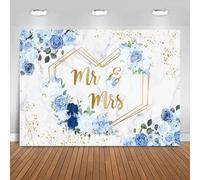 Hnmdmyi 5x3FT Mr & Mrs Backdrop Blue and White Flowers Hearts Geometric Photography Background Bridal Shower Bride to Be Engagement Wedding Party Decorations Banner Photo Booth Props