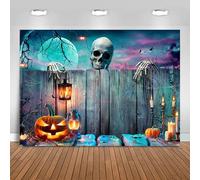 Hnmdmyi 5x4FT Halloween Backdrop Skeleton Wood Wall Pumpkin Lantern Horror Moon Night Photography Background Kids Adult Family Halloween Party Decorations Banner Photo Booth Props