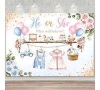 Hnmdmyi 6x4FT Gender Reveal Backdrop He or She What Will Baby Be Blue Pink Cute Clothes Floral Balloon Photography Background Gender Reveal Baby Shower Party Decorations Banner Photo Booth Props