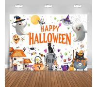 Hnmdmyi 6x4FT Halloween Backdrop Cartoon Ghost Bat Spider Web Black Cat Candy Photography Background Halloween Theme Baby Shower Kids Birthday Party Decorations Banner Photo Booth Props
