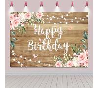 Hnmdmyi 7x5FT Happy Birthday Backdrop Wooden Floor Watercolor Pink Floral Butterfly Photography Background Newborn Baby Shower Girls Women Birthday Party Decorations Banner Photo Booth Props